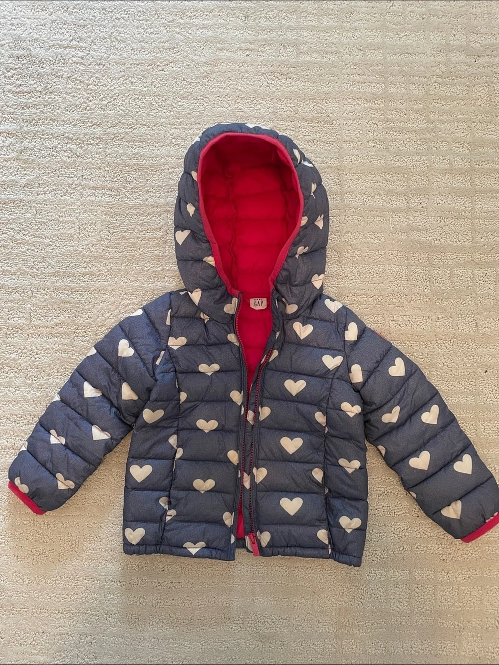 GAP Blue and White Heart Print Puffer with Bright Pink Lining